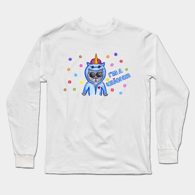 Funny blue unicorn cat print Long Sleeve T-Shirt by BalumbaArt